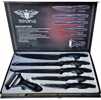 Kuchyňský nůž SADA 5+1 KUCHYŇSKÝCH NOŽE + LOUPAČKA ROSA BELLA ČERNÁ RB-9281