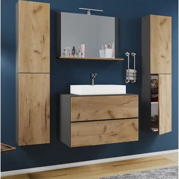 Koupelnový nábytek Vcm 5dílná umyvadlová skříňka Lendas XL 60 cm se zrcadlem a 2 vysokými skříňkami, antracitová