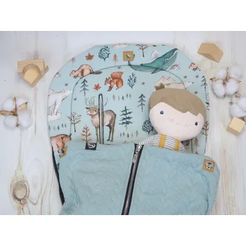 SET Podložka prodloužená (Wild Animals, černý fleece) + copánková deka (mint/sea green, černý fleece)