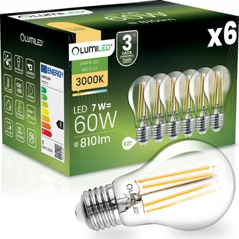 Žárovka 6x LED žárovka E27 A60 7W = 60W 810lm 3000K Teplá bílá 360° FILAMENT LUMILED