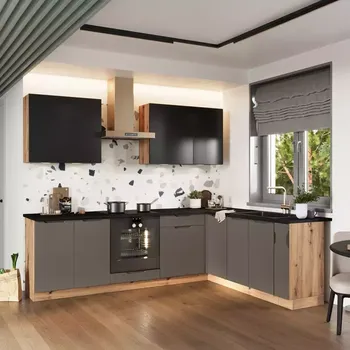 Kuchyňská linka Kuchyňská linka Isabel 200x260 cm černý hrášek/dub artisan/mocca grey