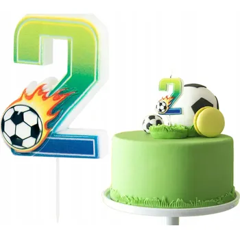 Dortová svíčka SVÍČKA FOTBALOVÝ MÍČ ČÍSLICE 2 DVĚ ZELENÉ DEKORATIVNÍ SVÍČKY NA DORT