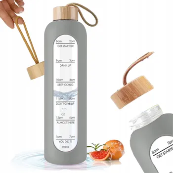 Láhev SKLENĚNÁ LAHVIČKA 1000 ML SILIKONOVÉ POUZDRO MOTIVAČNÍ ODMĚRKA LAHEV NA PITÍ