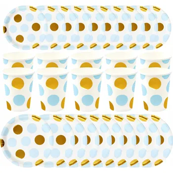 Party nádobí Kelímky Papírové talířky Sada POLKA DOT hráškové MODROZLATÉ 30ks