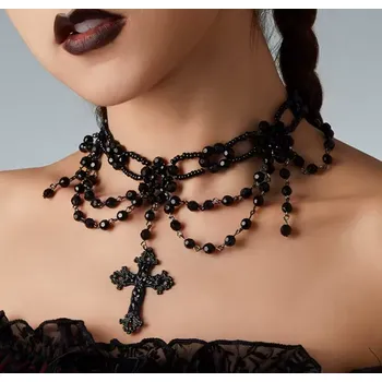 Náhrdelník B-TOP Gotický černý choker s krystaly a křížem