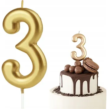 Dortová svíčka SVÍČKA ZLATÁ ČÍSLICE 3 TŘI SVÍČKY ZLATÉ DEKORATIVNÍ NA DORT