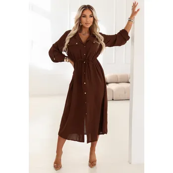 Dámské šaty 651-1 Šaty midi s knoflíky a páskem - čokoládové UNI