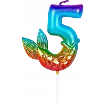Dortová svíčka Narozeninová SVÍČKA MOŘSKÁ PANNA Duhová Ozdoba na Dort ČÍSLICE 5