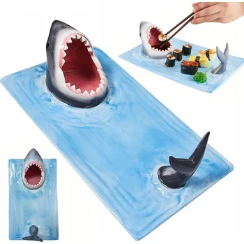 Talíř KERAMICKÝ TALÍŘ SHARK DLOUHÝ PRO SERVÍROVÁNÍ SUSHI MODRÝ 33X10 CM