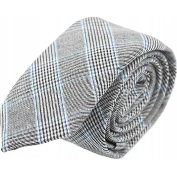 Kravata Pánská kravata ŠEDÁ s modrým kostkovaným vzorem, úzká, stylová, elegantní, klasická
