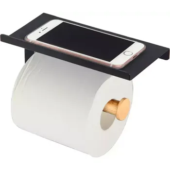 Koupelnový nábytek Držák toaletního papíru s poličkou Wood černý 18x9.7x7.5cm