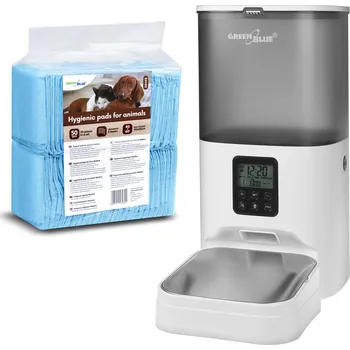 Dávkovač krmiva GreenBlue automatický dávkovač krmiva pro domácí mazlíčky, 6 l, USB 5V1A, GB393 + GreenBlue hygienické podložky pro psy/kočky, pro trénink čůrání, 60x40 cm, 50 ks, GB495