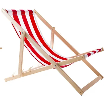 Zahradní lehátko Dřevěné bukové plážové lehátko WOODOK na zahradu - červené a bílé pruhy