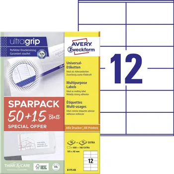 Kotouček do pokladny a tiskárny štítků Avery-Zweckform 6175-65 univerzální etikety 105 x 48 mm papír bílá 65 listů trvalé inkoustová tiskárna, laserová tiskárna, barevná laserová tiskárna, kopírka,
