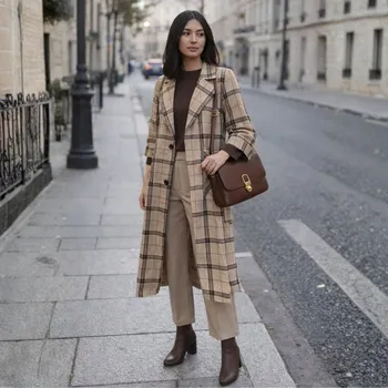 Dámský kabát Dámský kostkovaný košilový kabát oversize béžovo-černý dlouhý Univerzální velikost