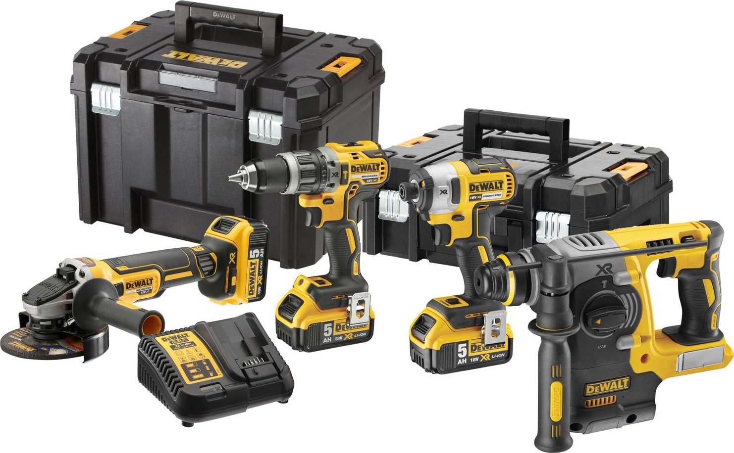 DCK422P3T DEWALT 18 V AKU KOMBO SADA NÁŘADÍ 4KS, ÚHLOVÁ BRUSKA, KOMBI KLADIVO, PŘÍKLEPOVÁ VRTAČKA, 1/4" RÁZ. UTAHOVÁK, A 3 X 5,0Ah AKU, 2X T-STAK KUFR