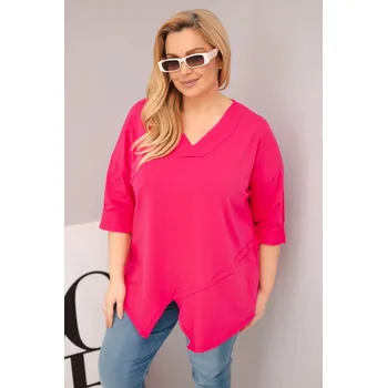 Dámská halenka Dámská bavlněná blůza Plus Size s hlubokým výstřihem do V a asymetrickým lemem fuchsie UNI