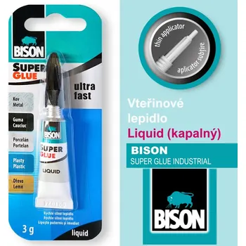 Průmyslové lepidlo Vteřinové lepidlo BISON Liquid (kapalné). Určené pro lepení kov, guma, porcelán , plasty, dřevo. Balení 3g.