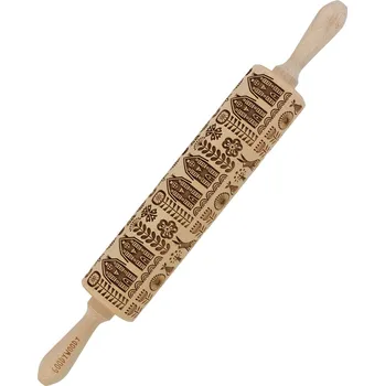 Váleček na těsto Gravírovaný váleček na dorty Goody Woody, 46 cm, bukové dřevo, skandinávský styl