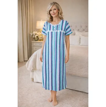 Dámská noční košile Dlouhá noční košile s krátkým rukávkem kostička modrá Velikost: M