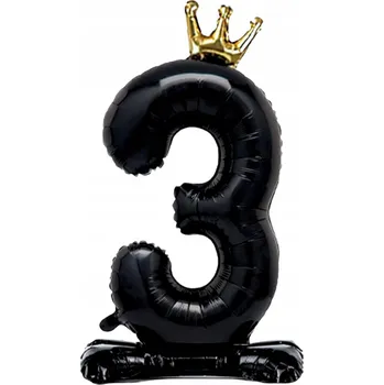 Balónek BALÓN ČERNÝ VELKÝ ČÍSLICE 3 PODSTAVEC ZLATÁ KORUNA 34 palců