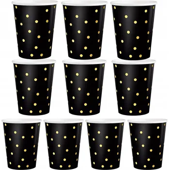 Party nádobí ČERNÉ PAPÍROVÉ KELÍMKY 250ml ZLATÉ Kelímky KONFETY na OSLAVU 10 Ks