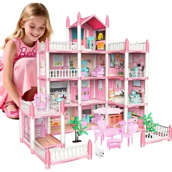Panenka DOMEČEK PRO PANENKY VILA PRO DĚTI RŮŽOVÝ DIY 4 PATRA + NÁBYTEK A DOPLŇKY