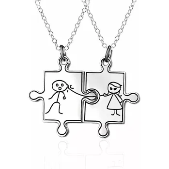 Přívěsek Double přívěšek puzzle panáček a panenka Stříbrný - Model Včetně řetízků (2 kusy )