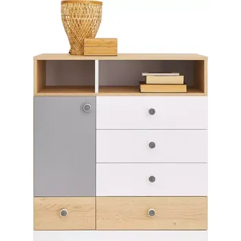 Dětská skříň Komoda Pixel Px9 Dub Piškot/Bílý Lux/Šedá