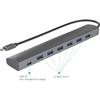 USB hub Renkforce RF-3374946 USB Hub 6 plus 1 port USB-A USB 3.2 Gen1 5 GBit/s s proudovou přípojkou Pass-Through, s hliníkovým krytem stříbrná