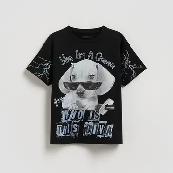 Dívčí oblečení Reserved - Tričko s potiskem - černý - 025HU-99X - 025HU-99X-134