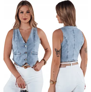 Dámská vesta Dámská krátká vesta se zapínáním na knoflíky, džínová, modrá TY4796 - XL