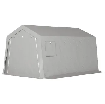 Zahradní altán Outsunny přístřešek se šikmou střechou nepromokavý stan na nářadí s dveřmi, okna 300x447x255 cm, světle šedý