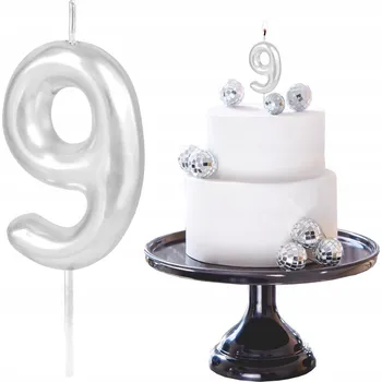 Dortová svíčka STŘÍBRNÁ ČÍSLICE 9 DEVĚT LESKLÝCH SVÍČEK DEKORATIVNÍ NA DORT