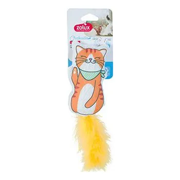 plyšák Zolux Textilní kočička se žlutým peříčkovým ocáskem 13 cm