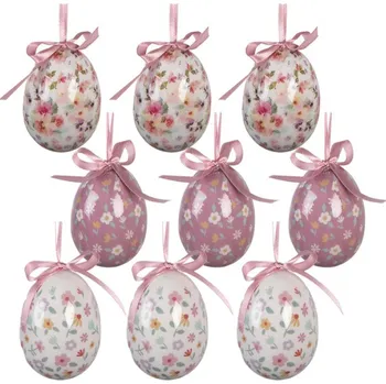 Sada 9 závěsných velikonočních vajíček s vintage růžovým květinovým motivem – 5x8 cm