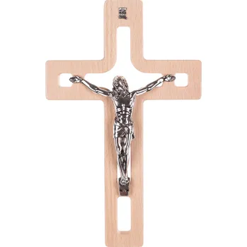Dřevěný závěsný kříž moderní s pasionem přírodní 25x16x1,6cm