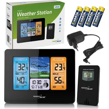 Meteostanice Bezdrátová meteostanice GreenBlue, barevná, s DCF, fáze měsíce, napájecí adaptér, baterie, GB526