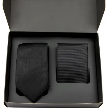 Kravata Pánská kravata černá hladká + kapesníček černý proužkovaný