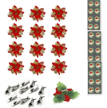 umělá květina Vánoční třpytivá dekorativní červená květina 12 ks