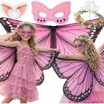 Karnevalový kostým MOTÝLÍ KŘÍDLA VÍLY ELFA PLÁŠŤ MASKA KOSTÝM NA JARO UŠI VĚNEC RŮŽOVÝ