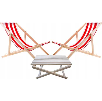 Konferenční stolek Sada 2 plážových lehátek, červené pruhy + dřevěný konferenční stolek Woodok