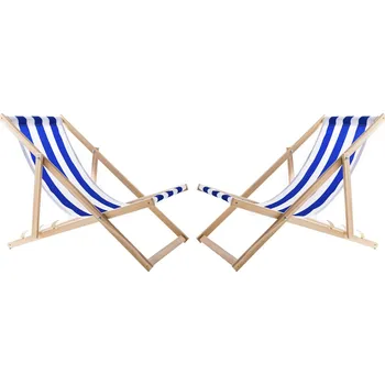 Zahradní lehátko 2 pohodlná dřevěná lehátka, modré pruhy, ideální na pláž, balkon, terasu, sestavená