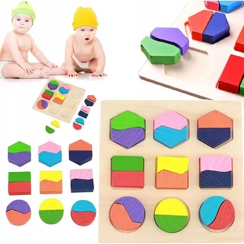 Dřevěná hračka DŘEVĚNÉ VKLÁDACÍ PUZZLE EDUKAČNÍ SENZORICKÉ MONTESSORI LOGICKÁ HRA TVARY