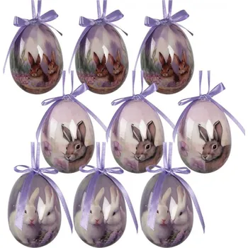 Sada 9 závěsných velikonočních vajíček s králíčky ve fialové barvě – 5x8 cm