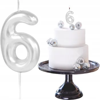 Dortová svíčka SVÍČKA STŘÍBRNÁ ČÍSLICE 6 ŠEST SVÍČKY S LESKEM DEKORATIVNÍ NA DORT