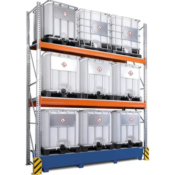 Dílenský regál Paletový regál na nebezpečné látky, základní pole, 3 úrovně, záchytná vana, 3500x1300x4400 mm