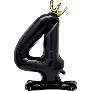 Balónek BALÓN ČERNÝ VELKÝ ČÍSLICE 4 PODSTAVEC ZLATÁ KORUNA 34 palců