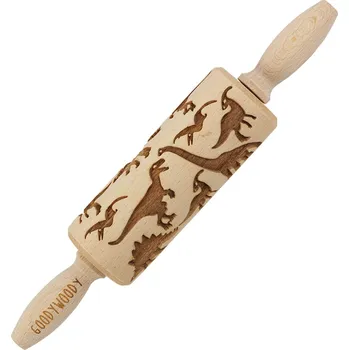 Váleček na těsto Gravírovaný váleček na dort Goody Woody, 23,5 cm, bukové dřevo, design dinosaura