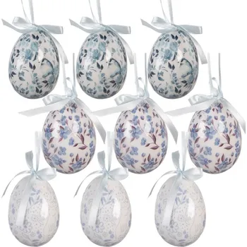 Sada 9 závěsných velikonočních vajíček s vintage modrým květinovým motivem – 5x8 cm
